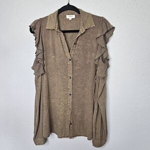 Umgee Green Button Down Shirt with Ruffle Sleeves and cold shoulder